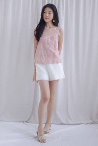Kristy Pintuck Buttons Eyelet Top In Pink