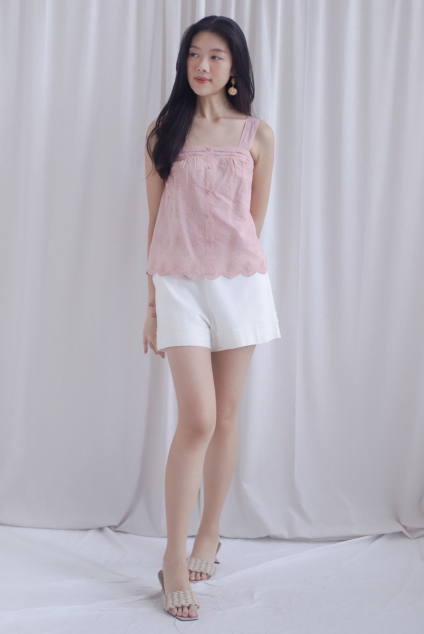 Kristy Pintuck Buttons Eyelet Top In Pink