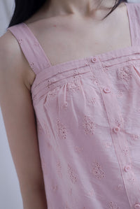Kristy Pintuck Buttons Eyelet Top In Pink