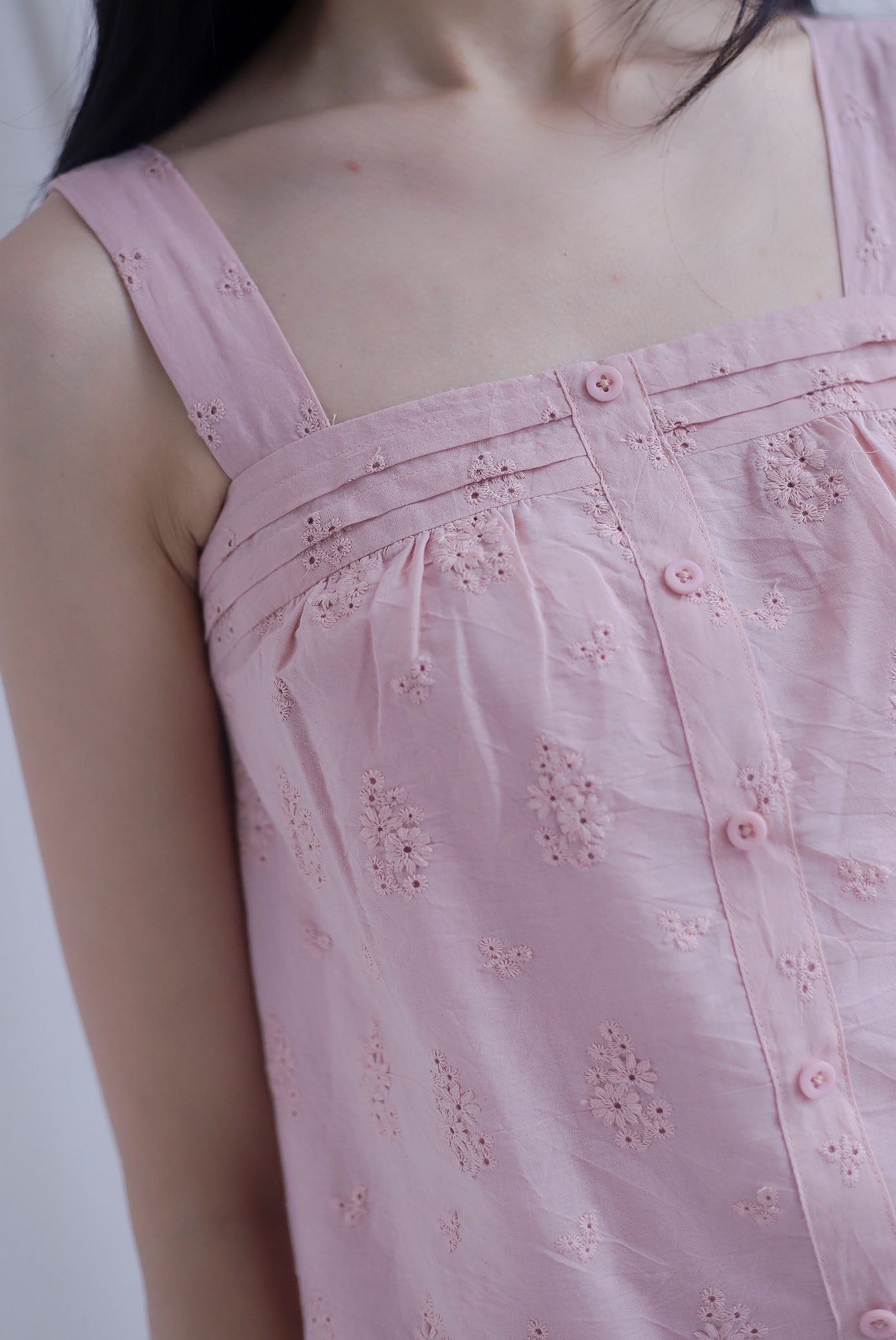 Kristy Pintuck Buttons Eyelet Top In Pink