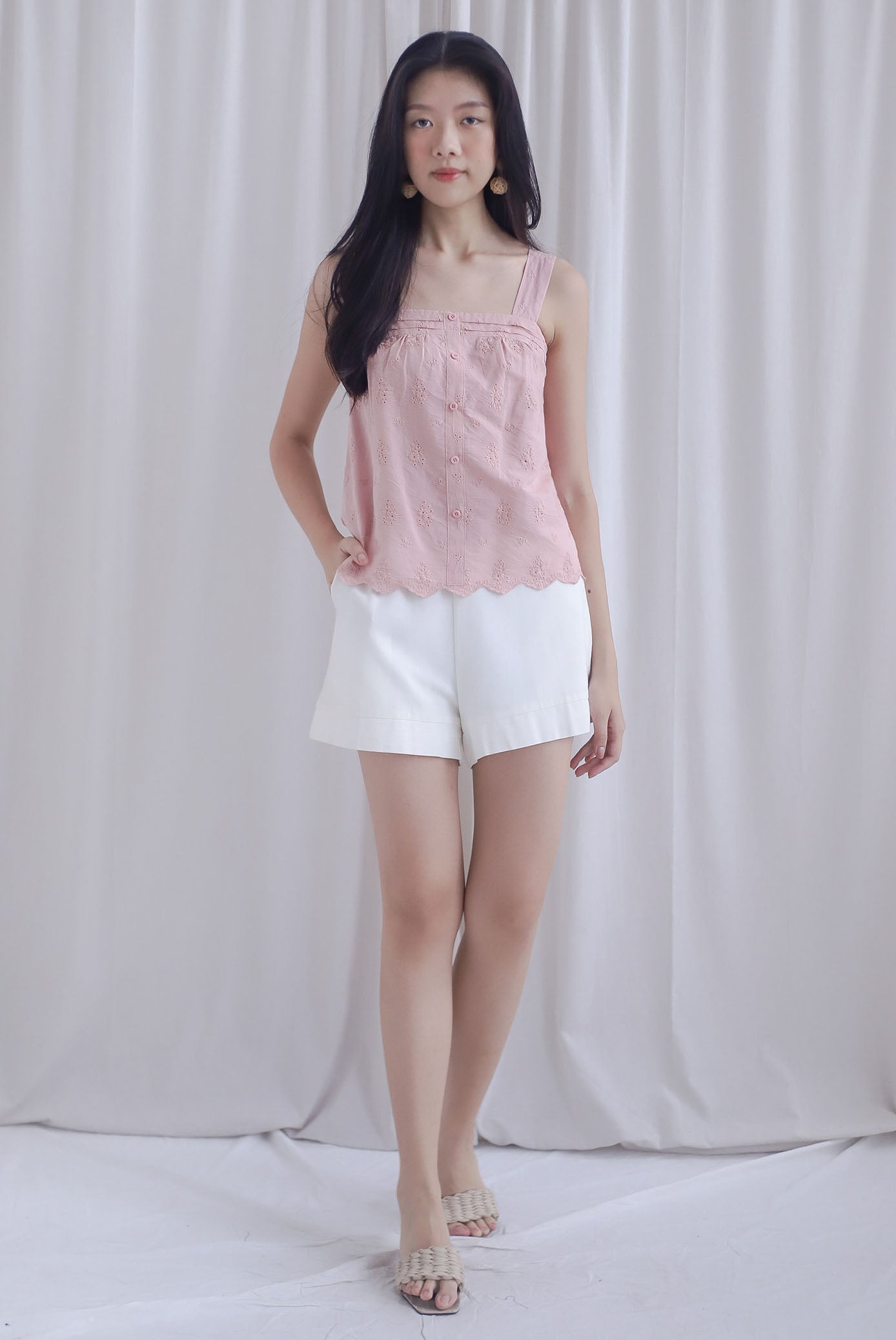 Kristy Pintuck Buttons Eyelet Top In Pink