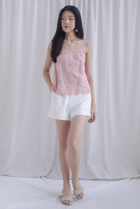 Kristy Pintuck Buttons Eyelet Top In Pink