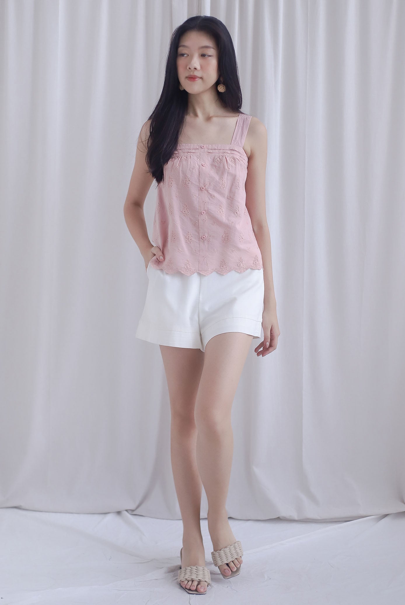 Kristy Pintuck Buttons Eyelet Top In Pink