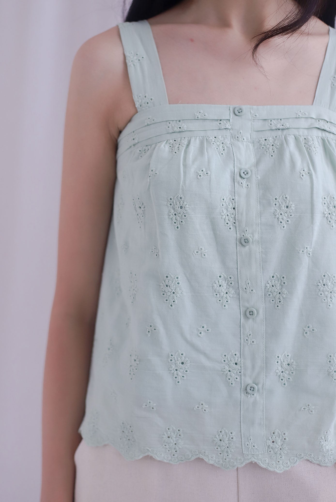 Kristy Pintuck Buttons Eyelet Top In Sage