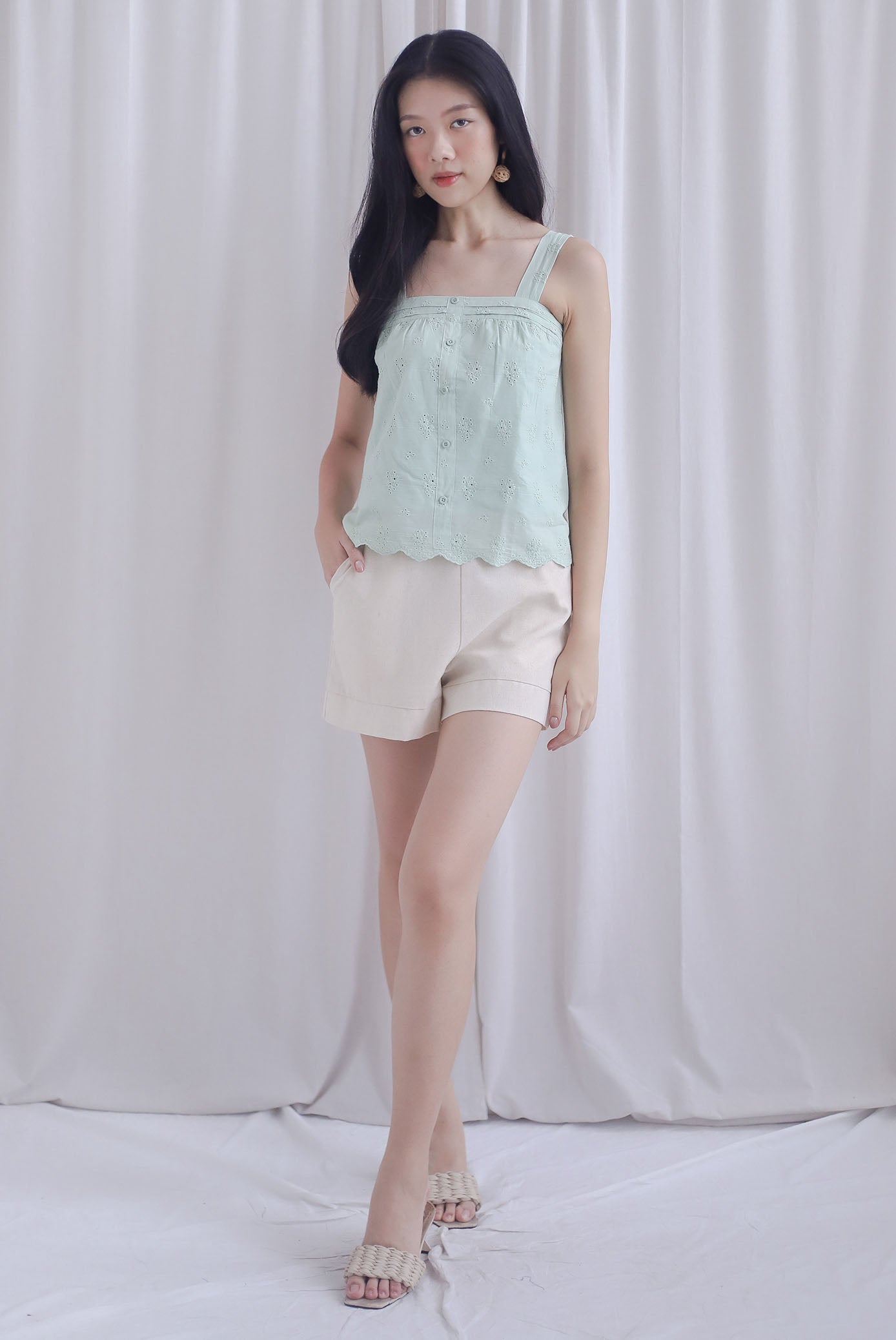 Kristy Pintuck Buttons Eyelet Top In Sage