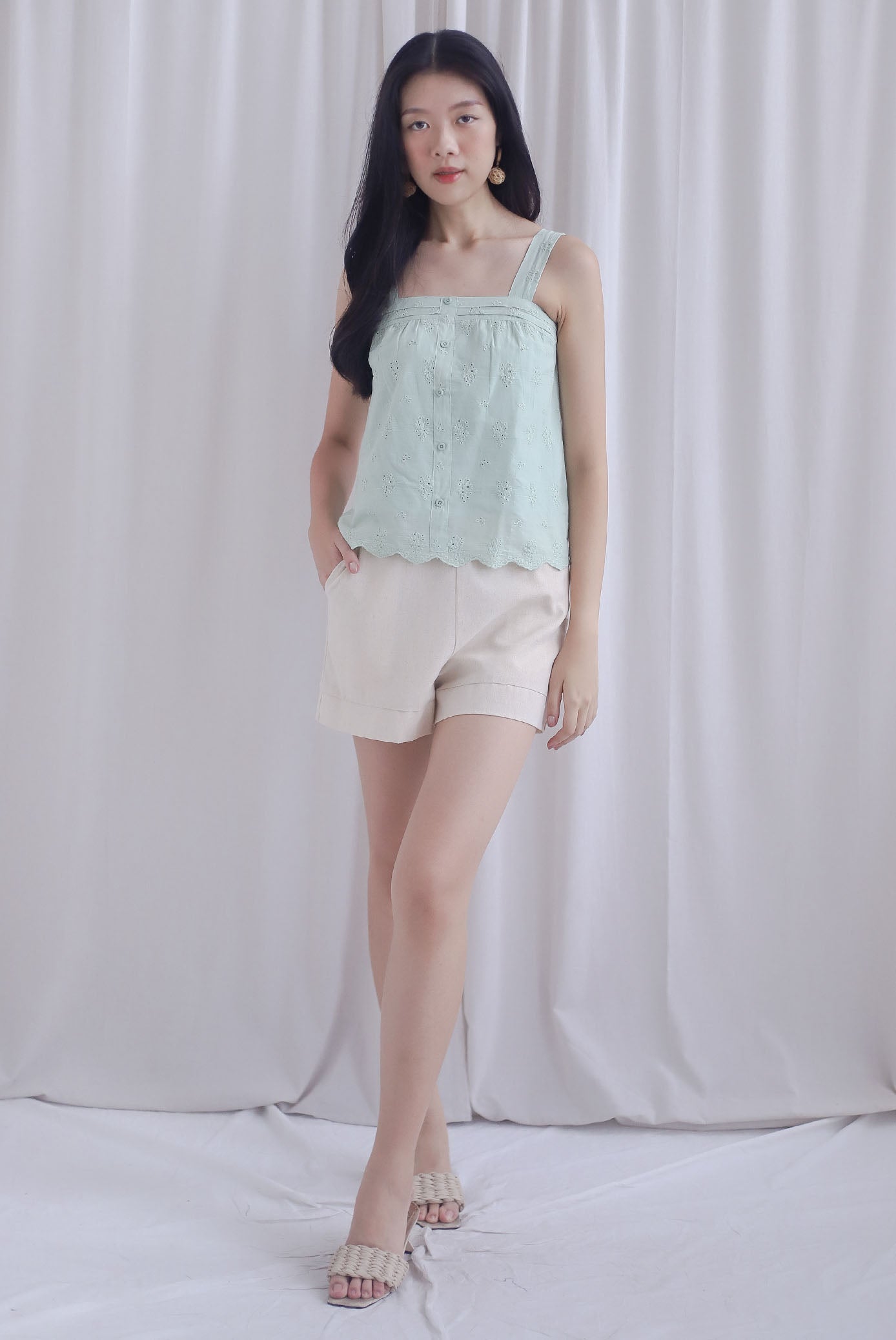 Kristy Pintuck Buttons Eyelet Top In Sage