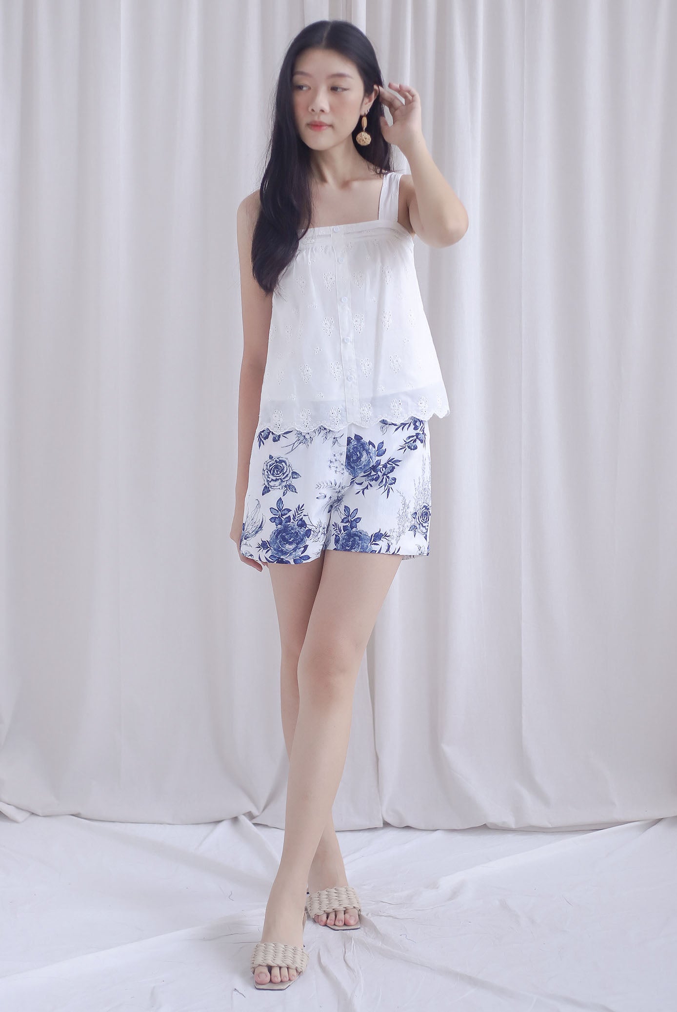 Kristy Pintuck Buttons Eyelet Top In White