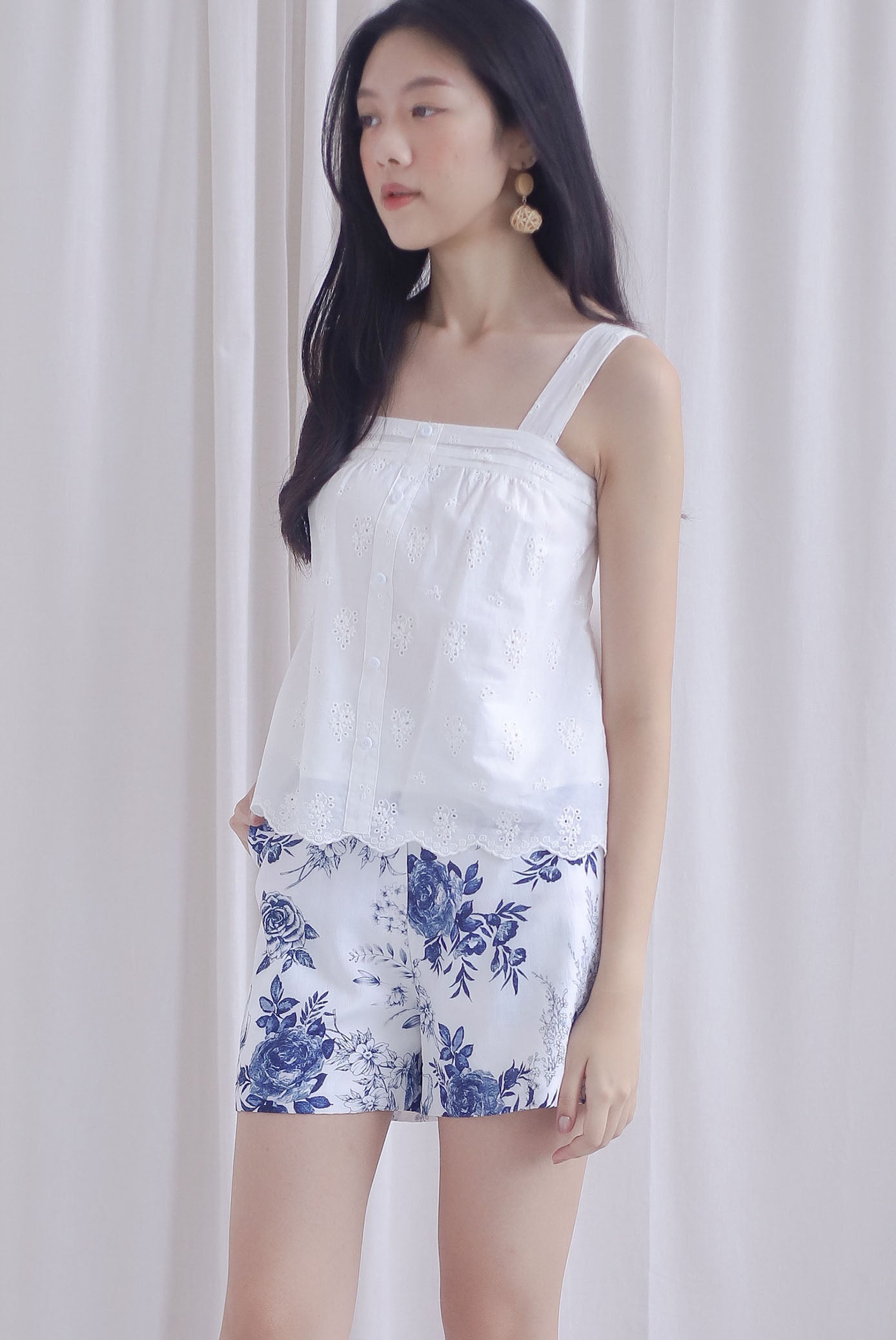 Kristy Pintuck Buttons Eyelet Top In White