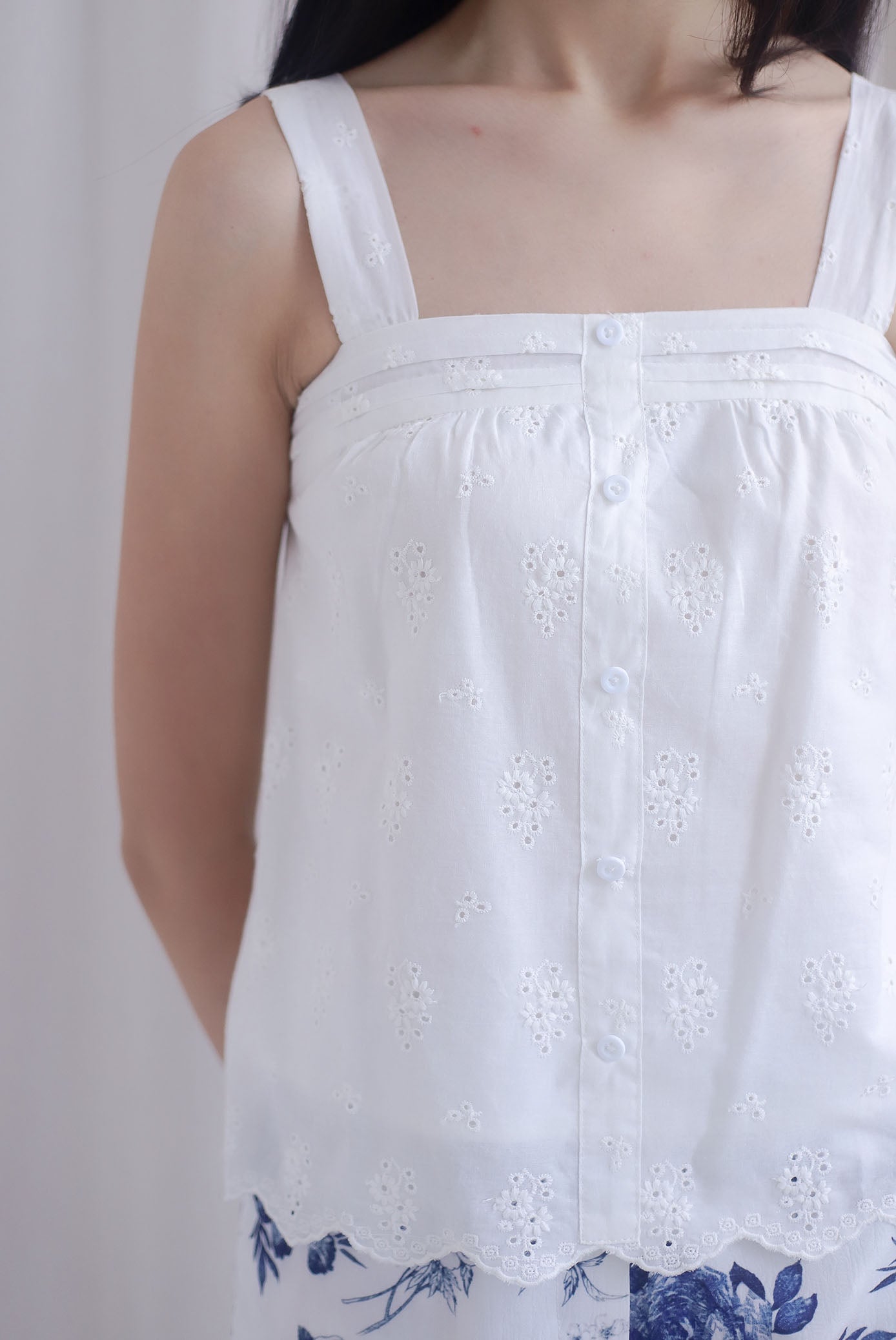 Kristy Pintuck Buttons Eyelet Top In White