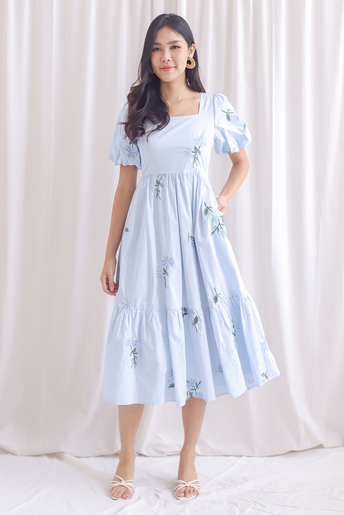 Kyara Embroidery Puffy Sleeve Maxi Dress In Skyblue