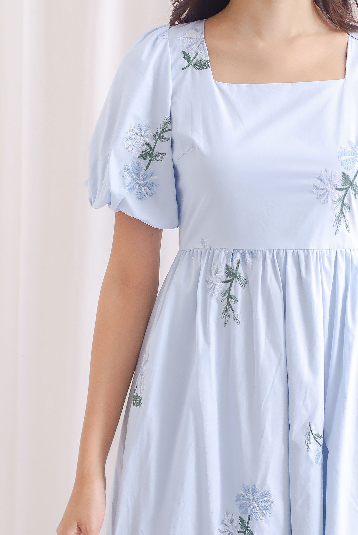 Kyara Embroidery Puffy Sleeve Maxi Dress In Skyblue