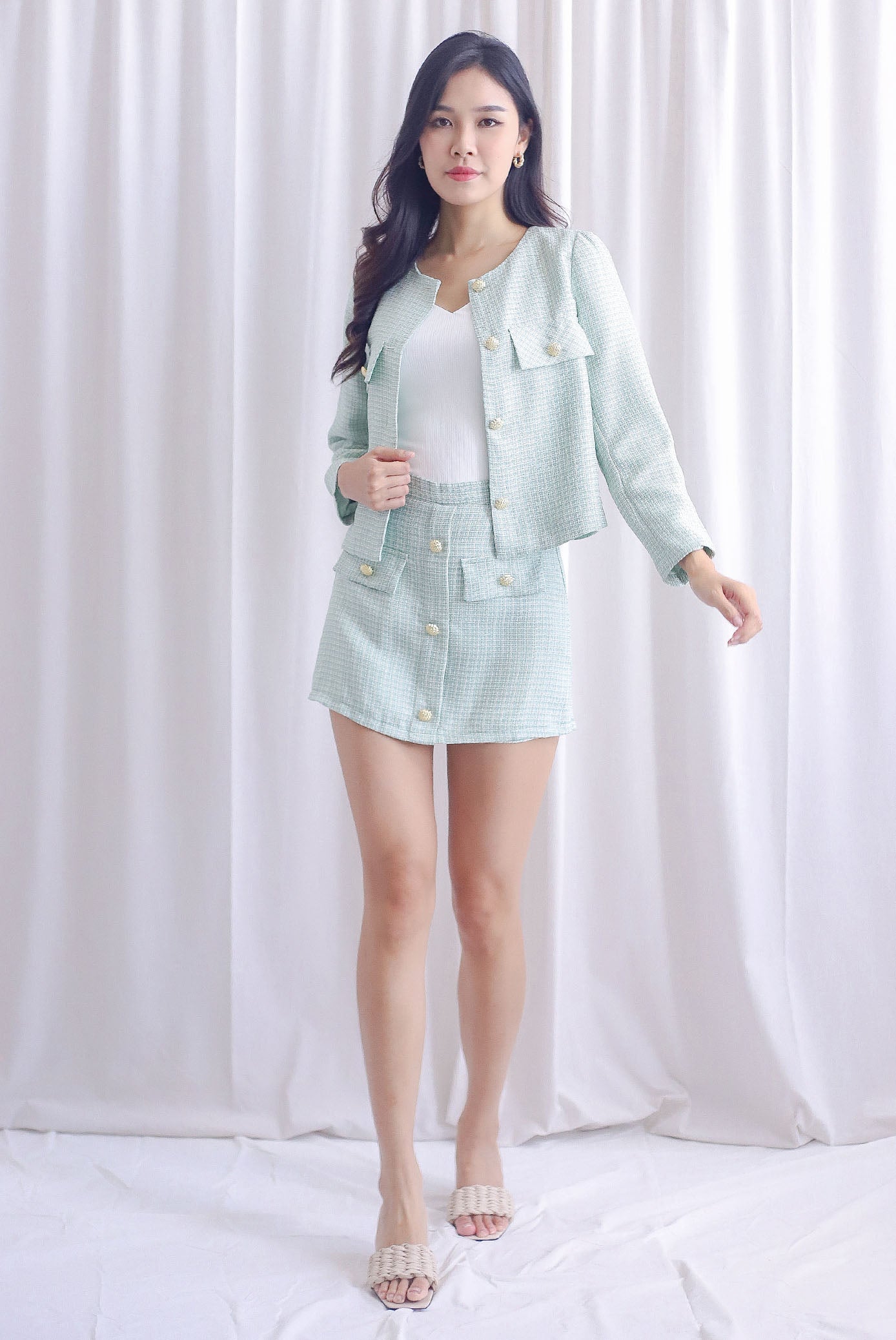 Langdon Tweed Button Jacket In Mint Green – The Design Closets