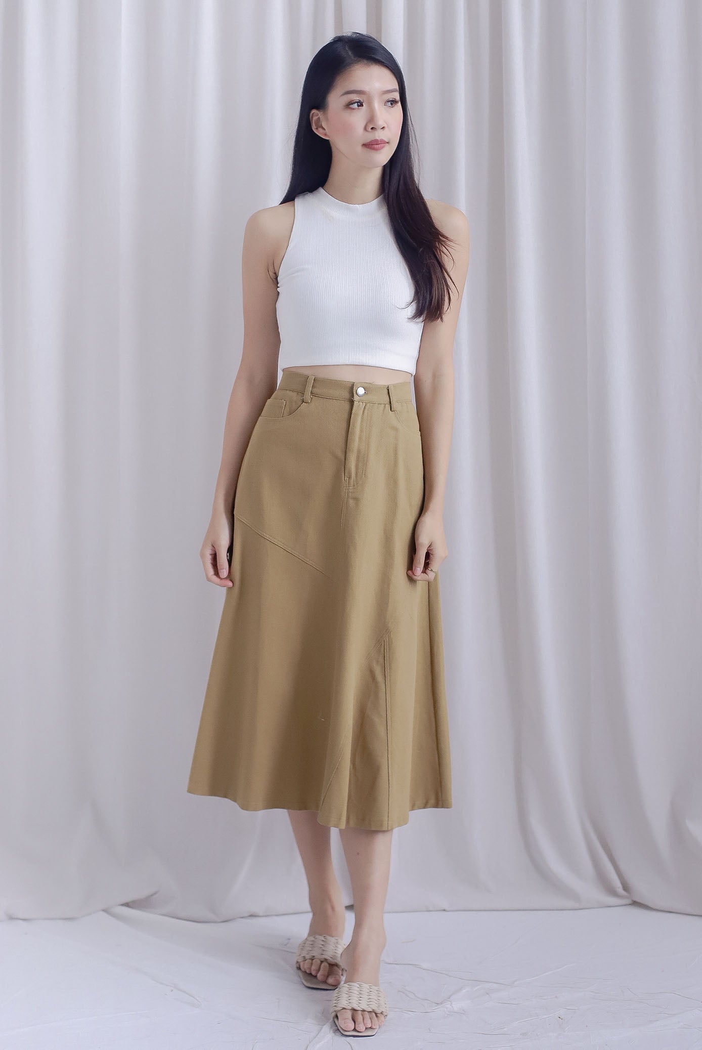 Lanley Denim Patch Skirt In Camel