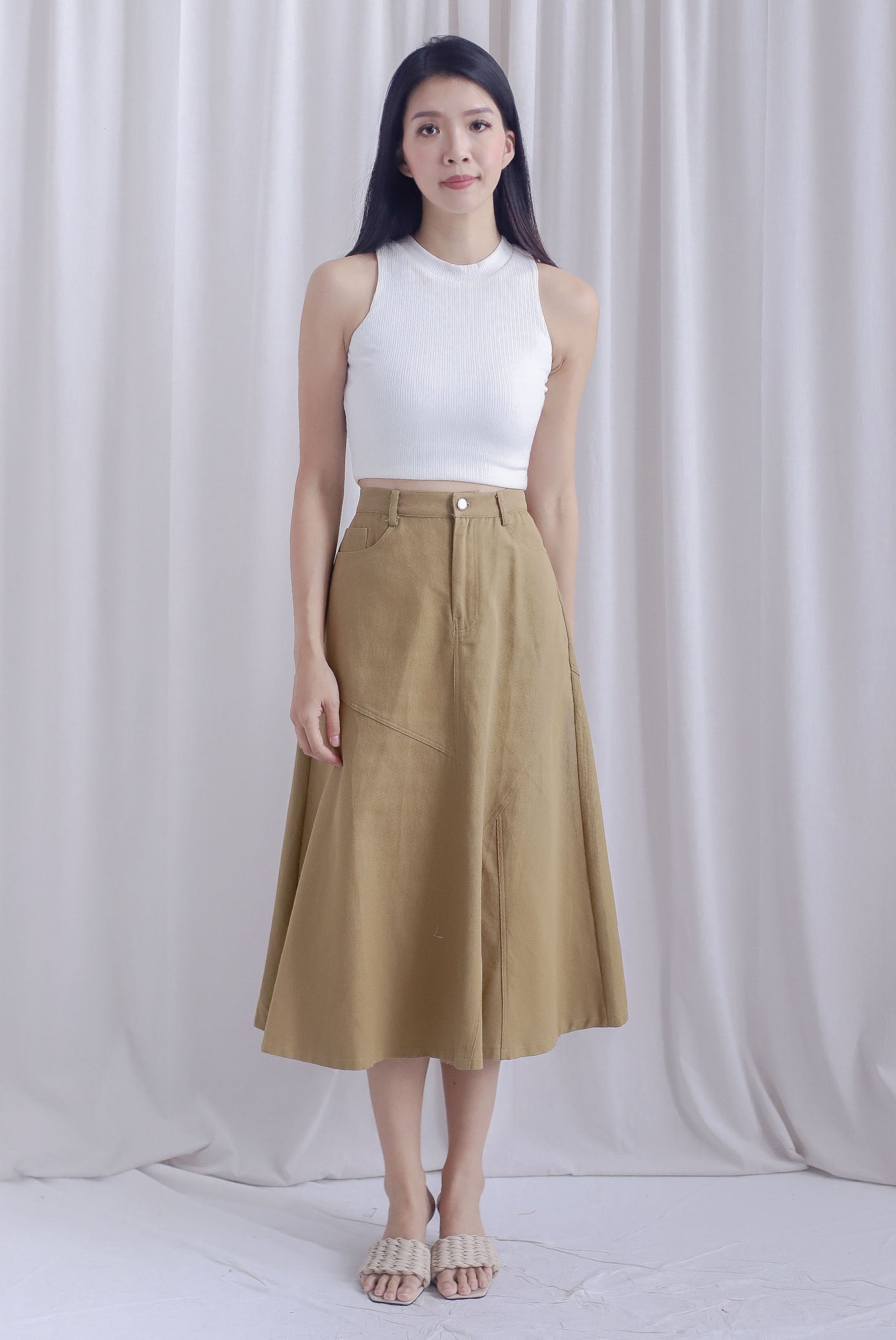 Lanley Denim Patch Skirt In Camel