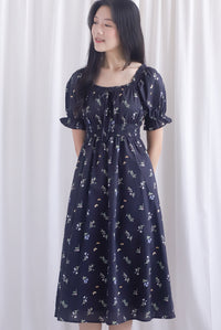 Laurent Tie Front Frill Neckline Puffy Sleeves Dress In Black