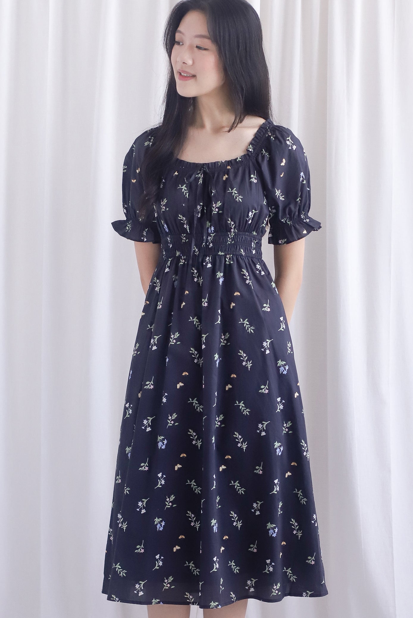Laurent Tie Front Frill Neckline Puffy Sleeves Dress In Black