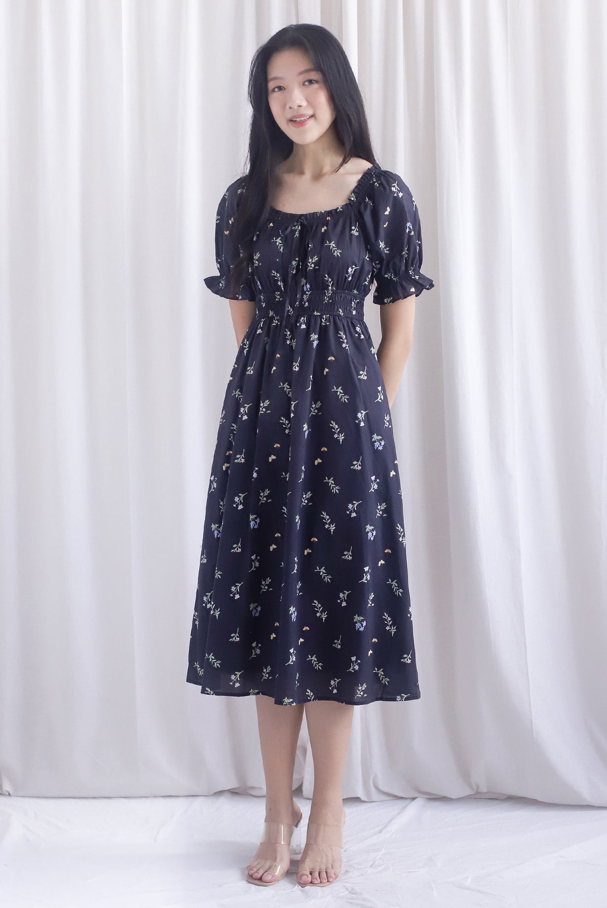 Laurent Tie Front Frill Neckline Puffy Sleeves Dress In Black