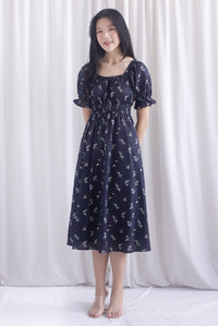 Laurent Tie Front Frill Neckline Puffy Sleeves Dress In Black