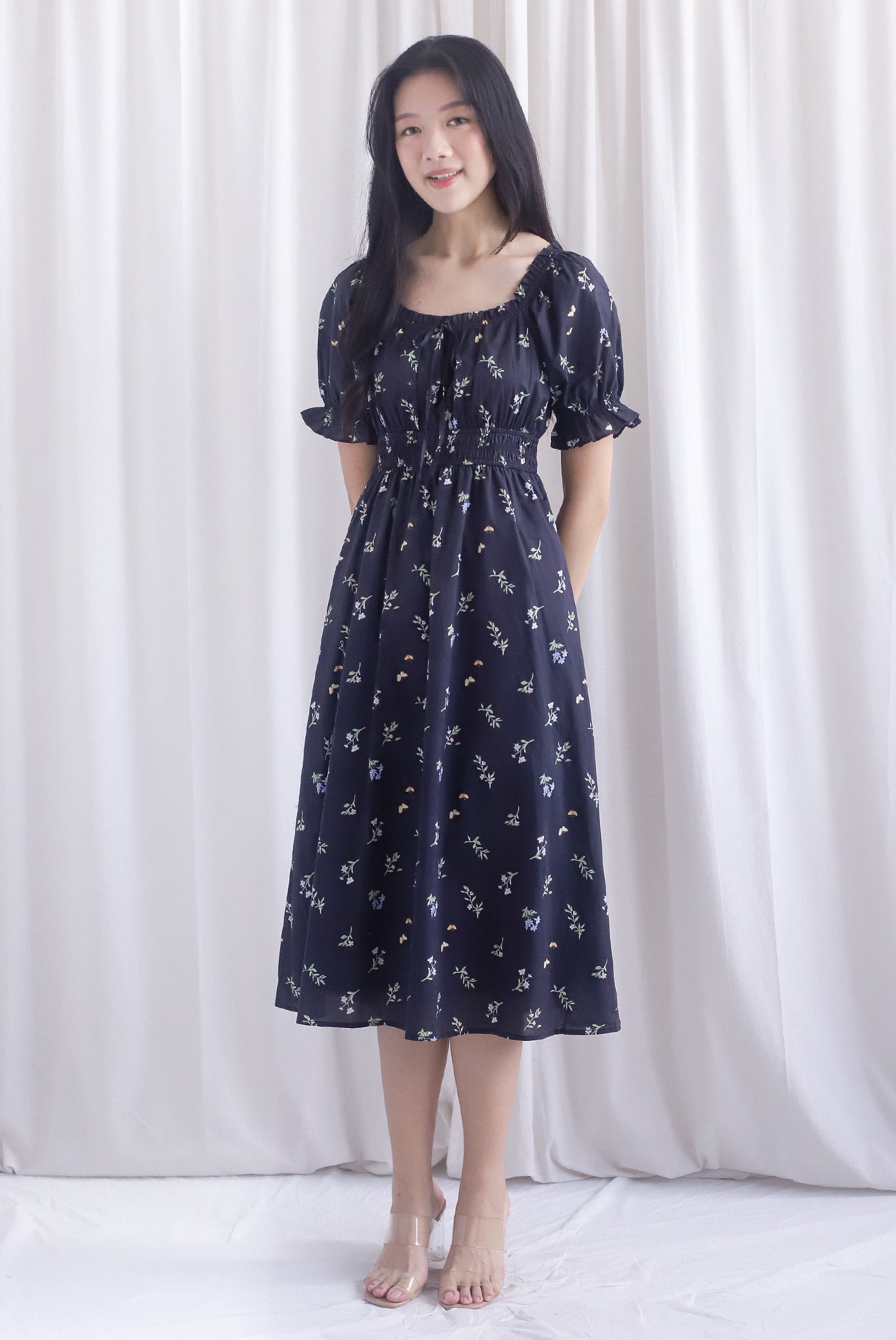 Laurent Tie Front Frill Neckline Puffy Sleeves Dress In Black