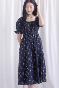 Laurent Tie Front Frill Neckline Puffy Sleeves Dress In Black
