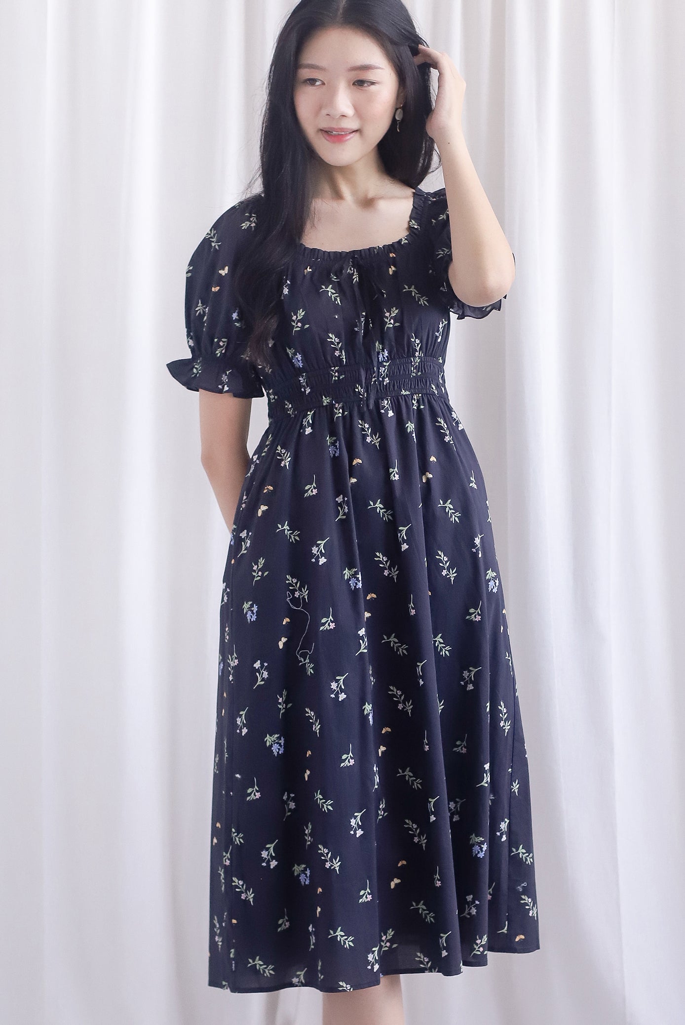 Laurent Tie Front Frill Neckline Puffy Sleeves Dress In Black