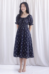 Laurent Tie Front Frill Neckline Puffy Sleeves Dress In Black