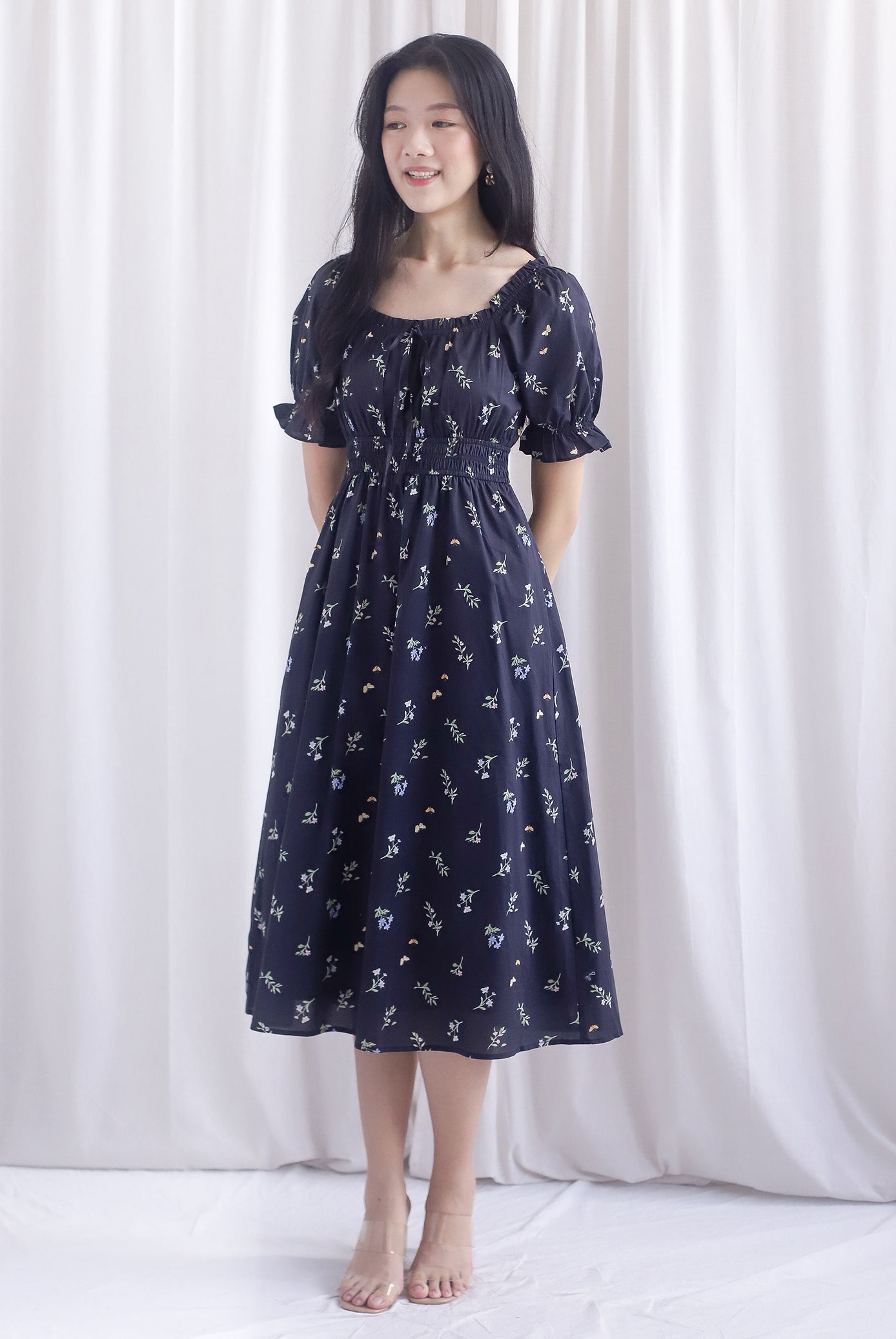 Laurent Tie Front Frill Neckline Puffy Sleeves Dress In Black