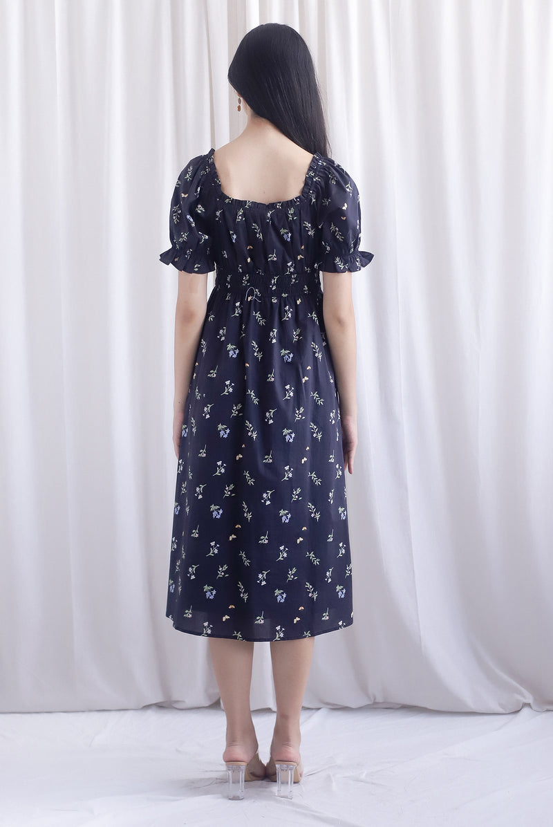 Laurent Tie Front Frill Neckline Puffy Sleeves Dress In Black