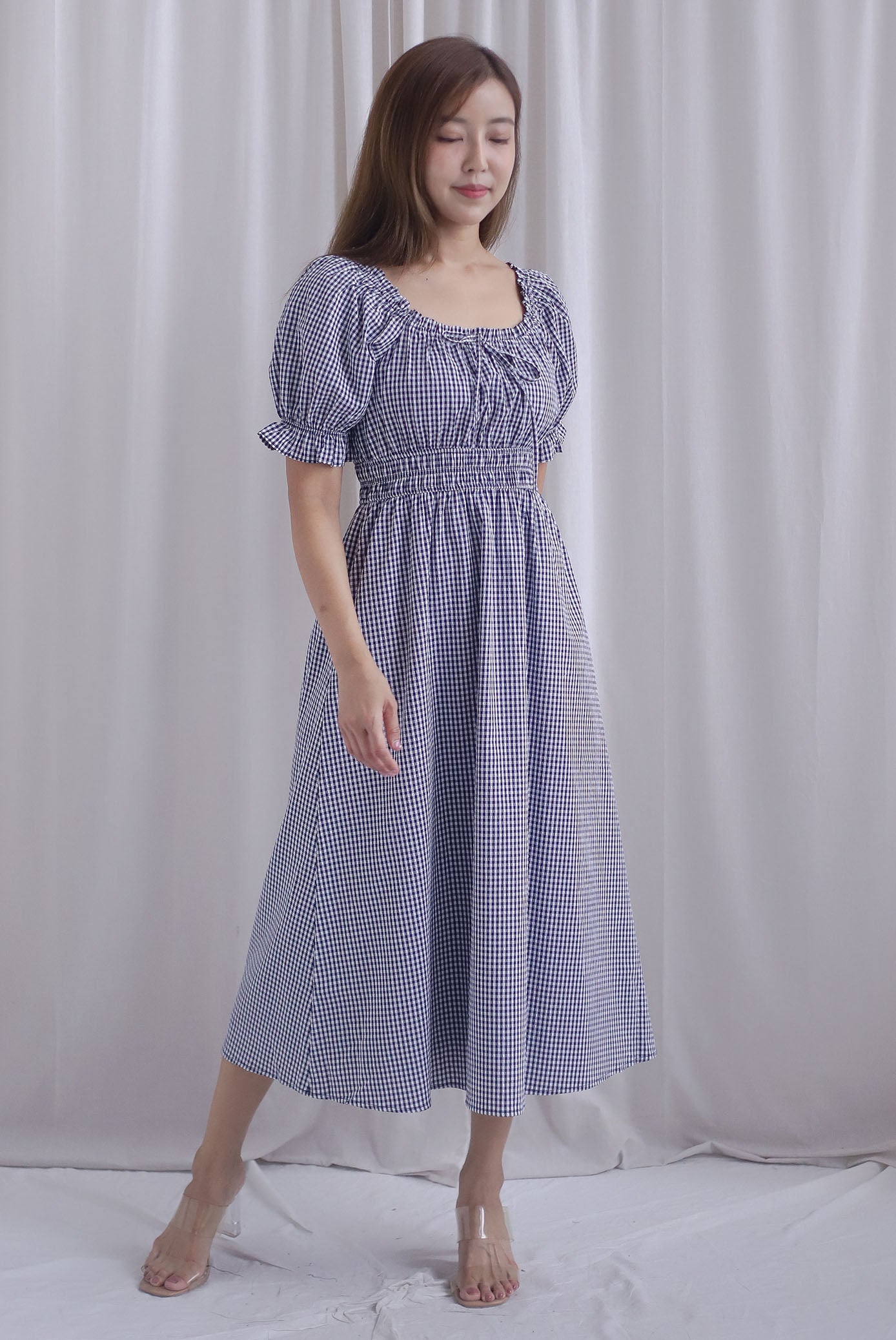 Laurent Tie Front Frill Neckline Puffy Sleeves Dress In Black Gingham