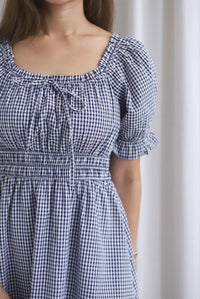 Laurent Tie Front Frill Neckline Puffy Sleeves Dress In Black Gingham