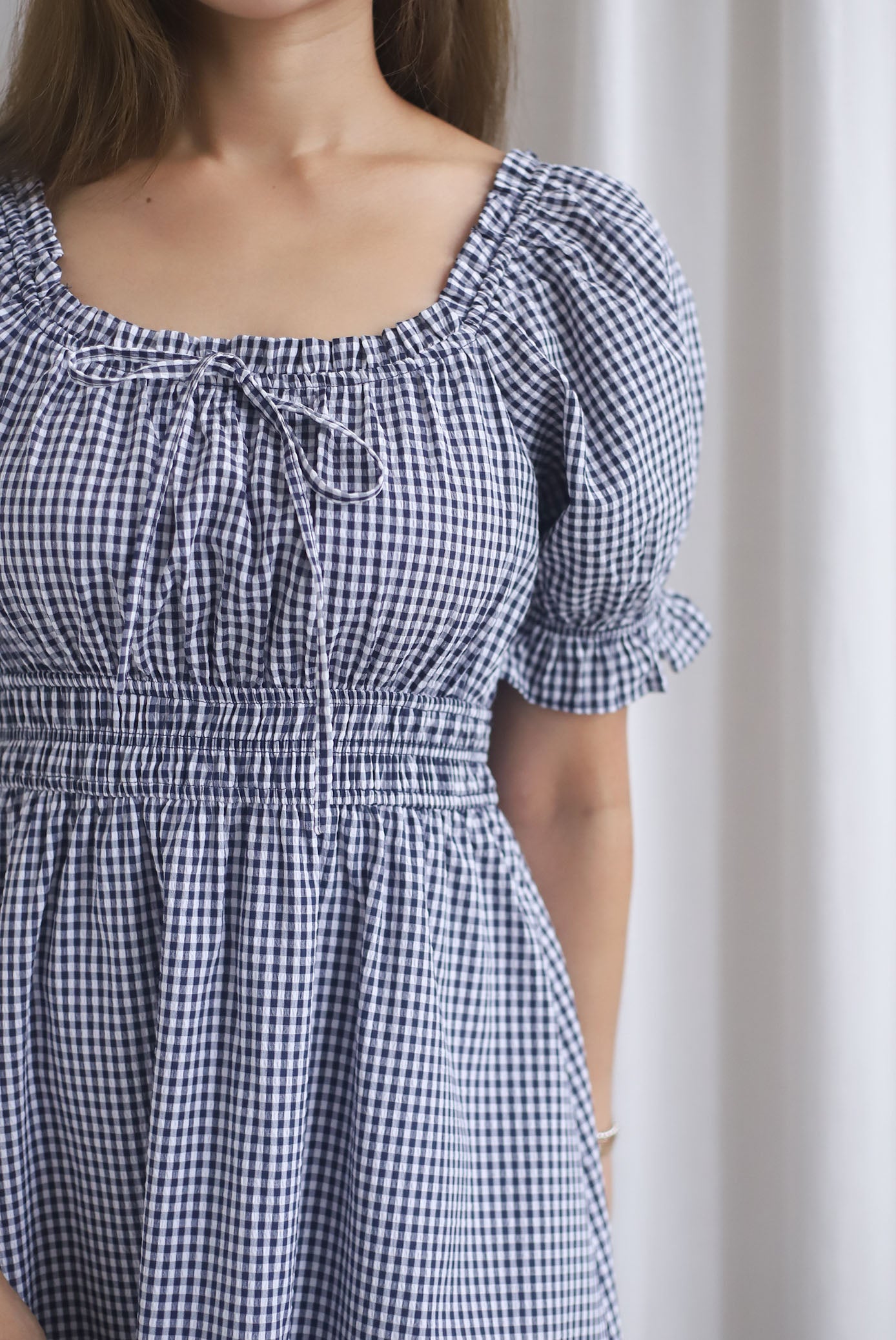 Laurent Tie Front Frill Neckline Puffy Sleeves Dress In Black Gingham