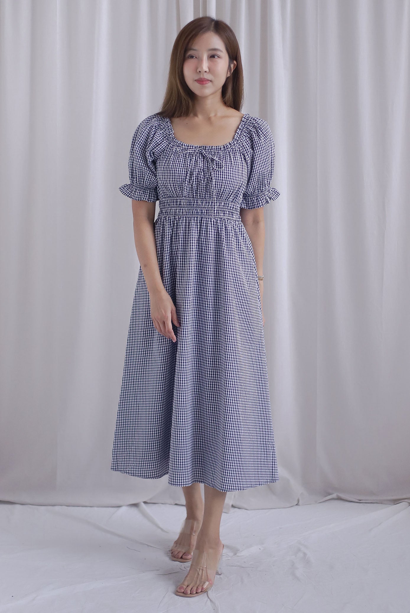 Laurent Tie Front Frill Neckline Puffy Sleeves Dress In Black Gingham