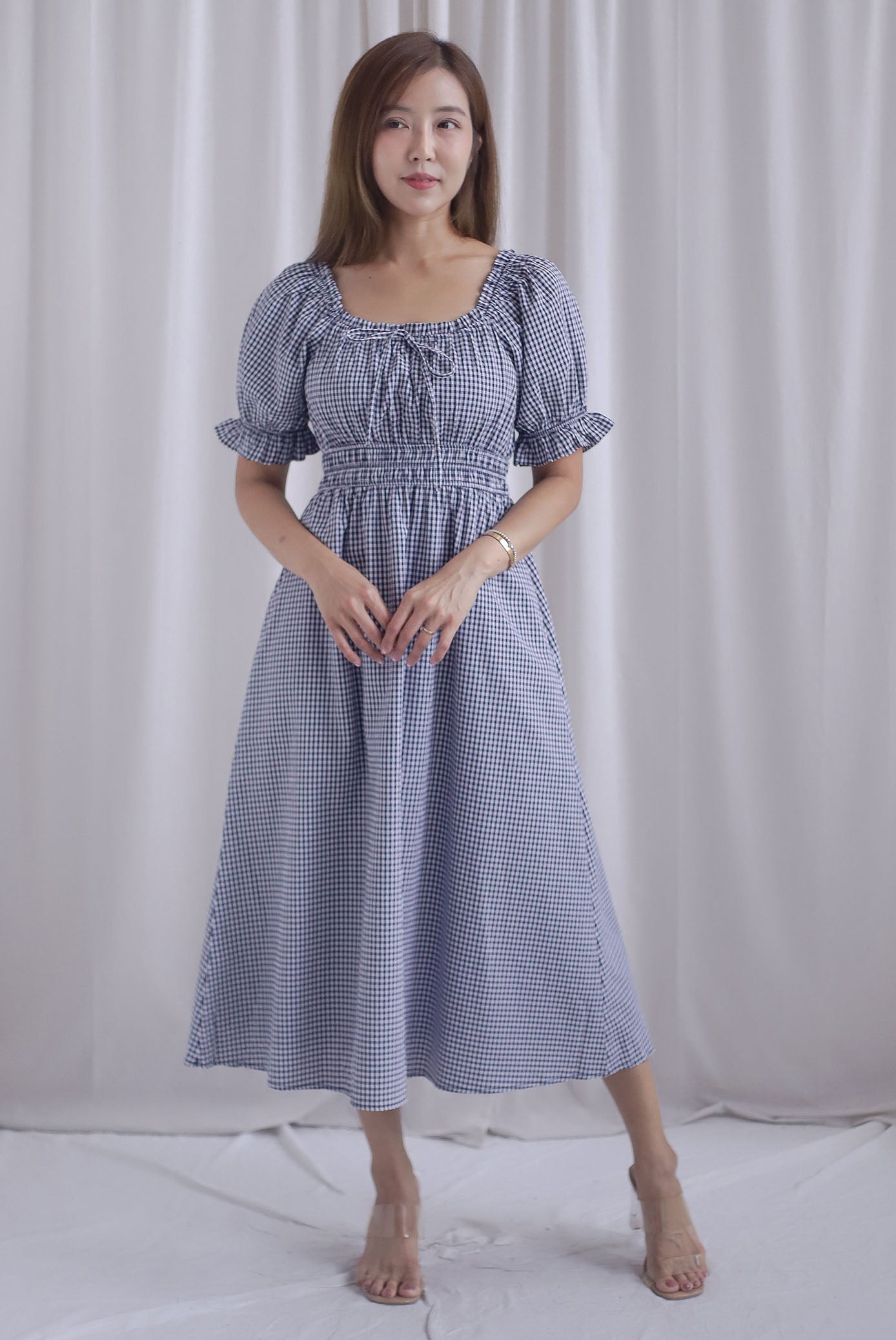 Laurent Tie Front Frill Neckline Puffy Sleeves Dress In Black Gingham