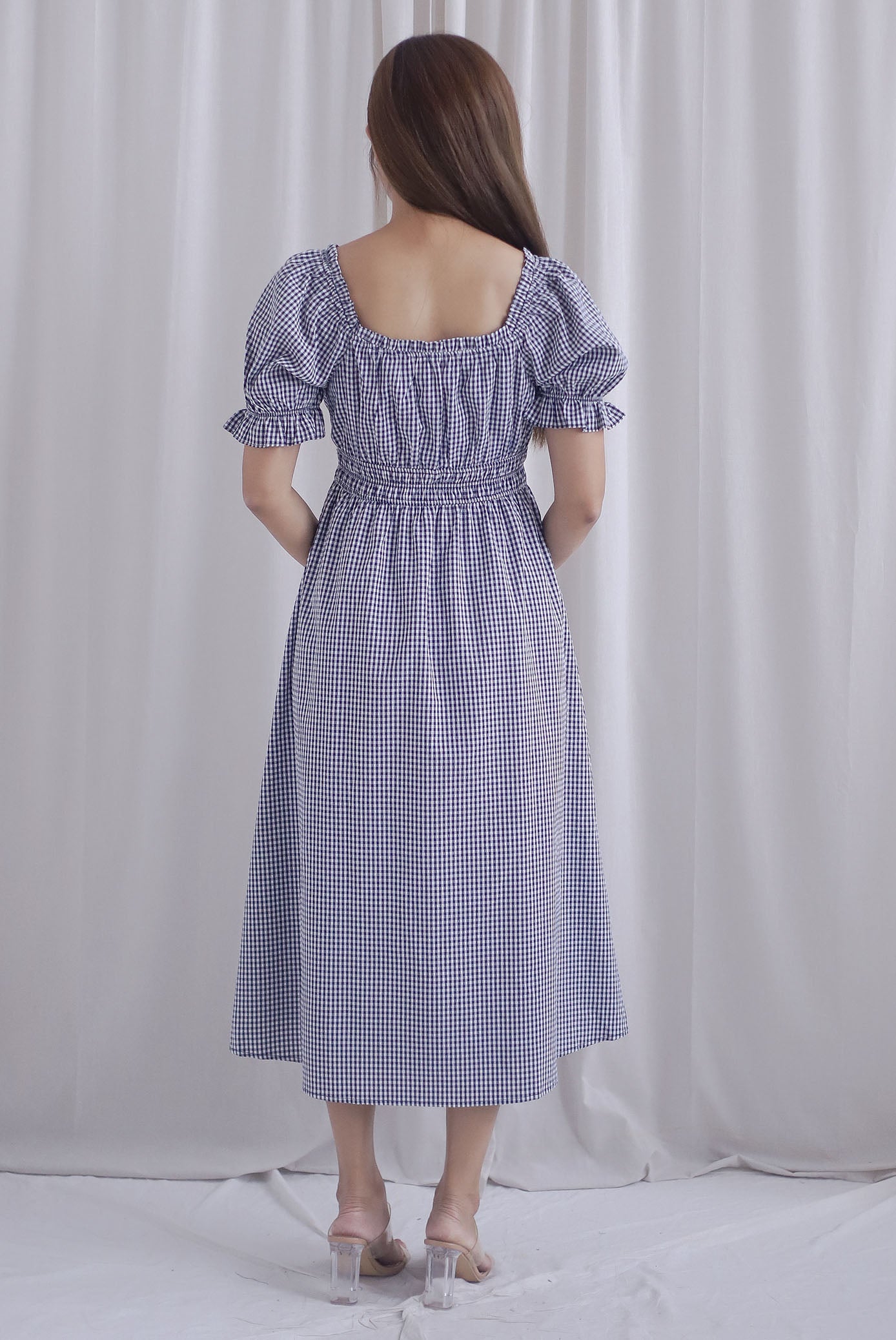 Laurent Tie Front Frill Neckline Puffy Sleeves Dress In Black Gingham