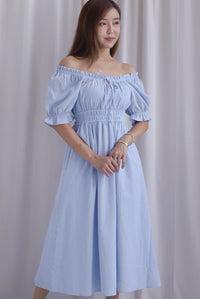 Laurent Tie Front Frill Neckline Puffy Sleeves Dress In Blue Gingham