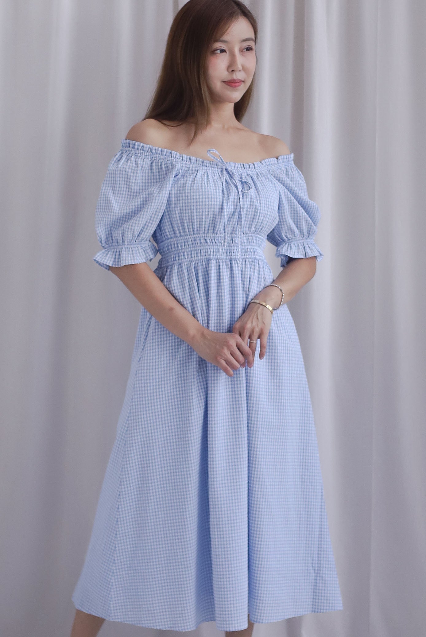 Laurent Tie Front Frill Neckline Puffy Sleeves Dress In Blue Gingham