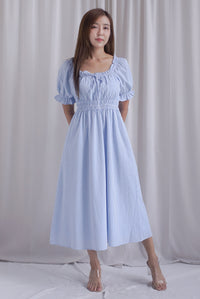 Laurent Tie Front Frill Neckline Puffy Sleeves Dress In Blue Gingham