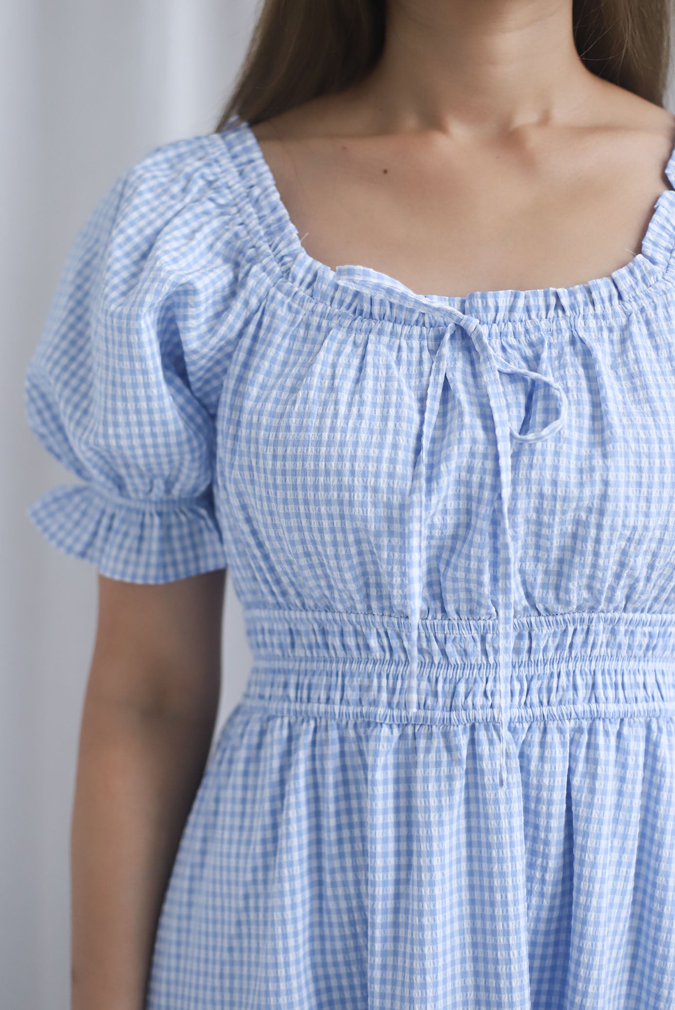 Laurent Tie Front Frill Neckline Puffy Sleeves Dress In Blue Gingham
