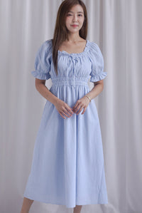 Laurent Tie Front Frill Neckline Puffy Sleeves Dress In Blue Gingham
