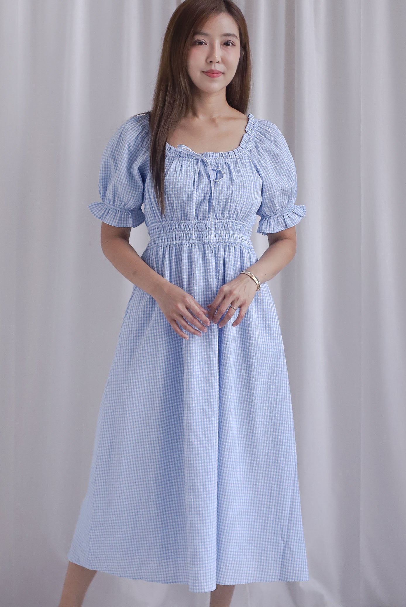 Laurent Tie Front Frill Neckline Puffy Sleeves Dress In Blue Gingham
