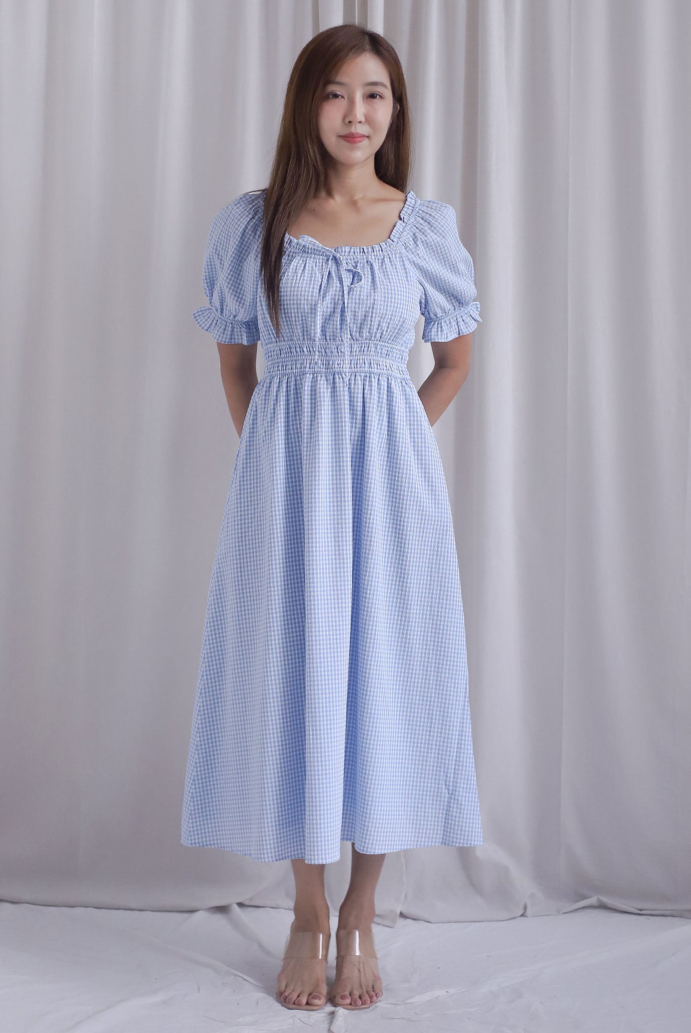 Laurent Tie Front Frill Neckline Puffy Sleeves Dress In Blue Gingham