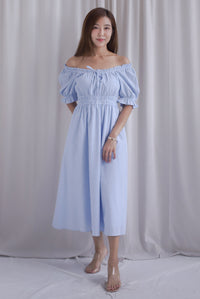Laurent Tie Front Frill Neckline Puffy Sleeves Dress In Blue Gingham