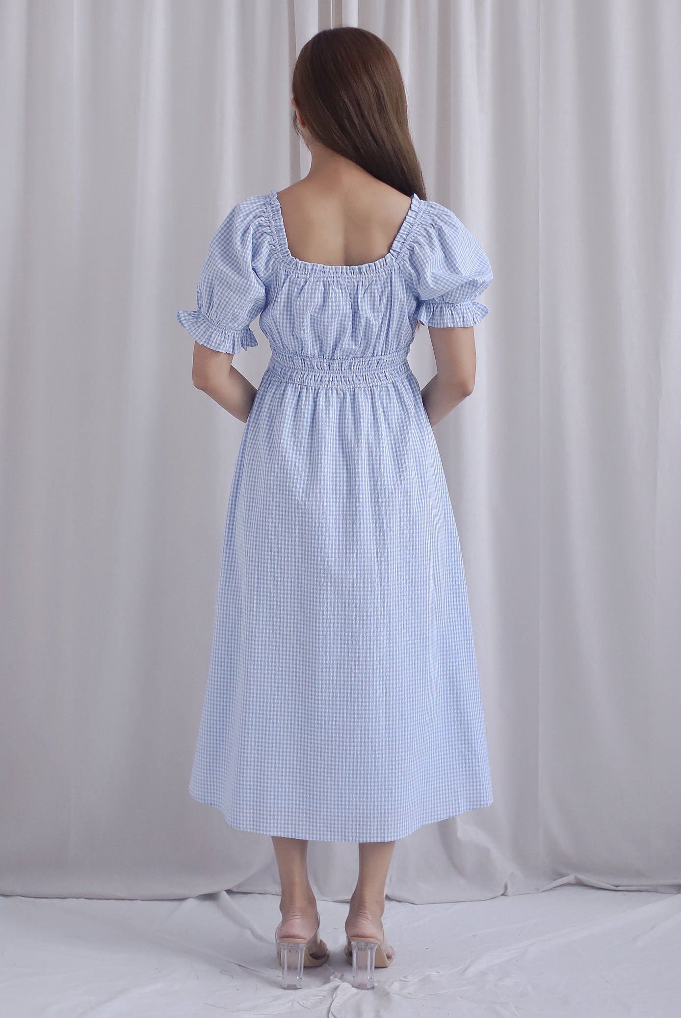 Laurent Tie Front Frill Neckline Puffy Sleeves Dress In Blue Gingham