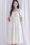 Laurent Tie Front Frill Neckline Puffy Sleeves Dress In Cream