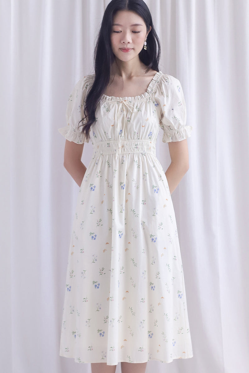 Laurent Tie Front Frill Neckline Puffy Sleeves Dress In Cream