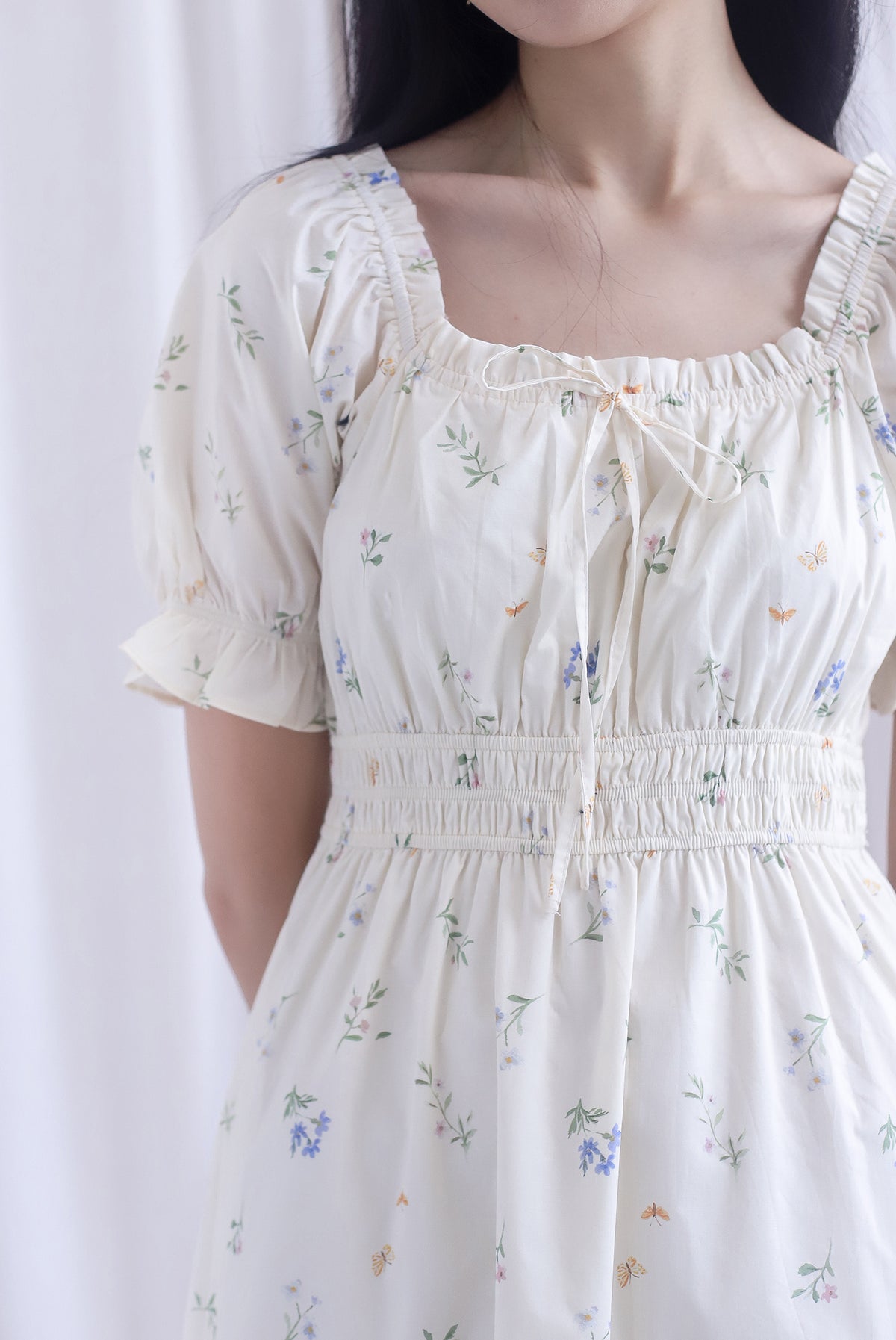 Laurent Tie Front Frill Neckline Puffy Sleeves Dress In Cream