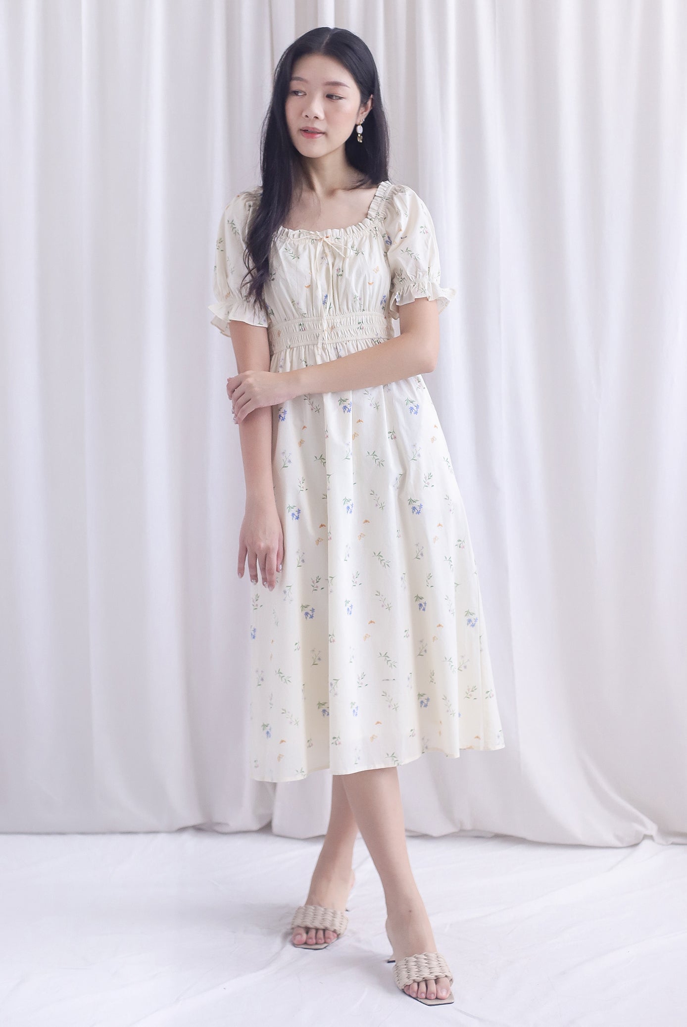 Laurent Tie Front Frill Neckline Puffy Sleeves Dress In Cream