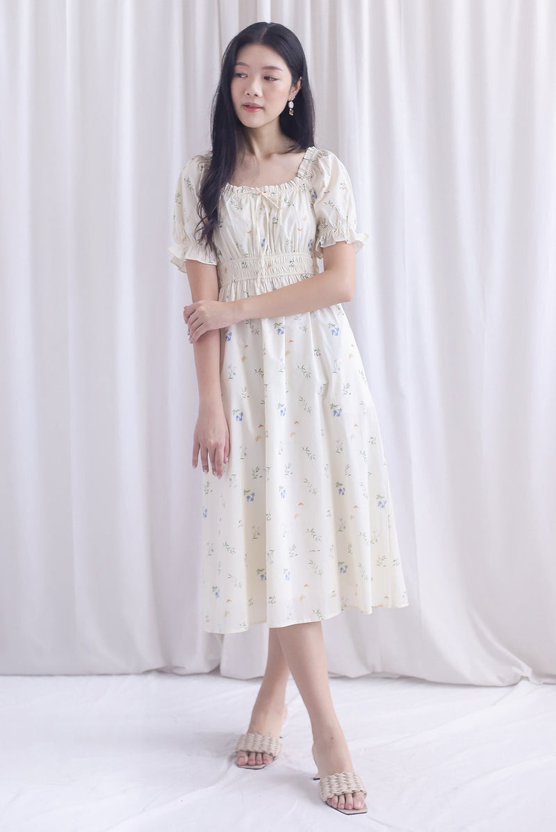 Laurent Tie Front Frill Neckline Puffy Sleeves Dress In Cream