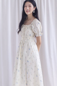 Laurent Tie Front Frill Neckline Puffy Sleeves Dress In Cream