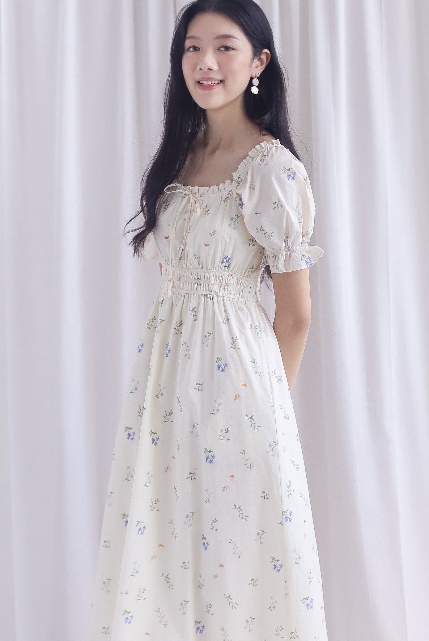 Laurent Tie Front Frill Neckline Puffy Sleeves Dress In Cream